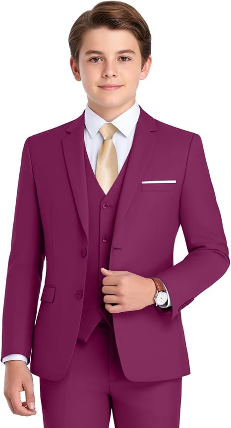 Boys Formal Suit 4 Piece Set Classic Fit Wedding Tuxedo with Jacket Vest Shirt Pants Tie for Kids
