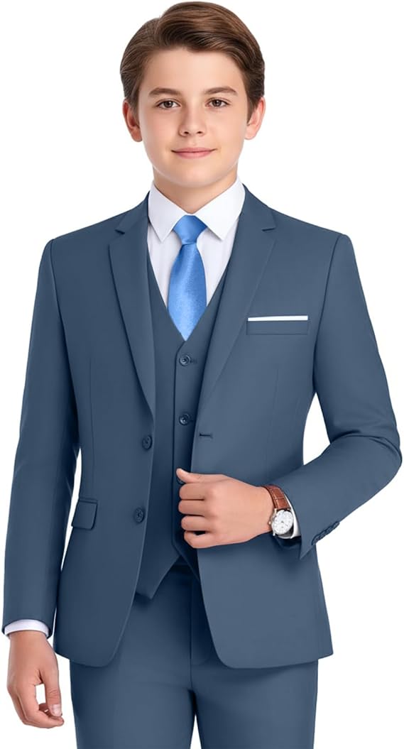 Boys Formal Suit 4 Piece Set Classic Fit Wedding Tuxedo with Jacket Vest Shirt Pants Tie for Kids