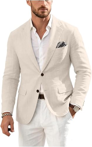 Men's Linen Cotton Blazer Casual Lightweight Sport Coats Summer Jacket Wedding Business