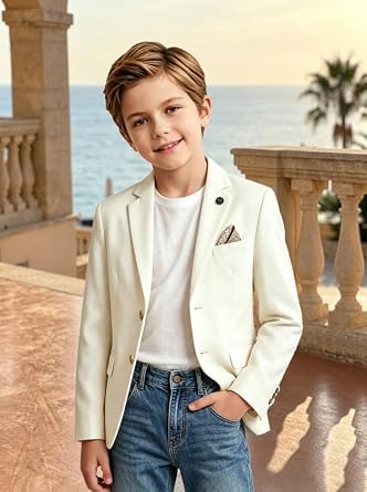 Boys Linen Blazer Casual Jacket Kids Slim Fit Sport Coats Wedding Tuxedo | Summer Beach Dress Clothes Lightweight Ring Bearer Outfits School Uniform