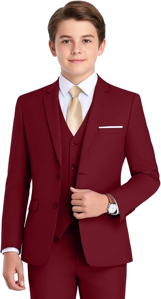 Boys Formal Suit 4 Piece Set Classic Fit Wedding Tuxedo with Jacket Vest Shirt Pants Tie for Kids