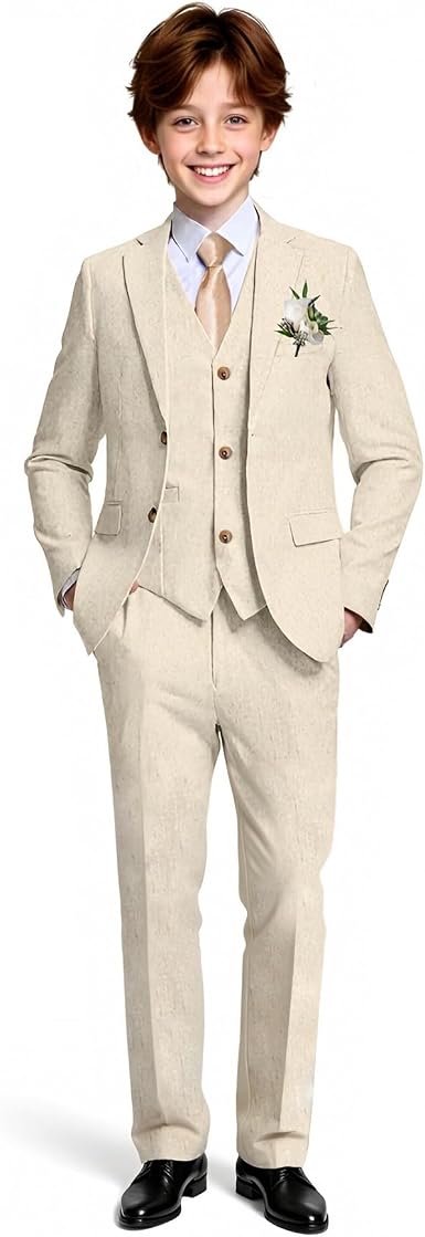 Boys Linen Suit Casual Summer 3 Piece Slim Fit Suit Breathable Kids Teen boy Jacket Vest Pant