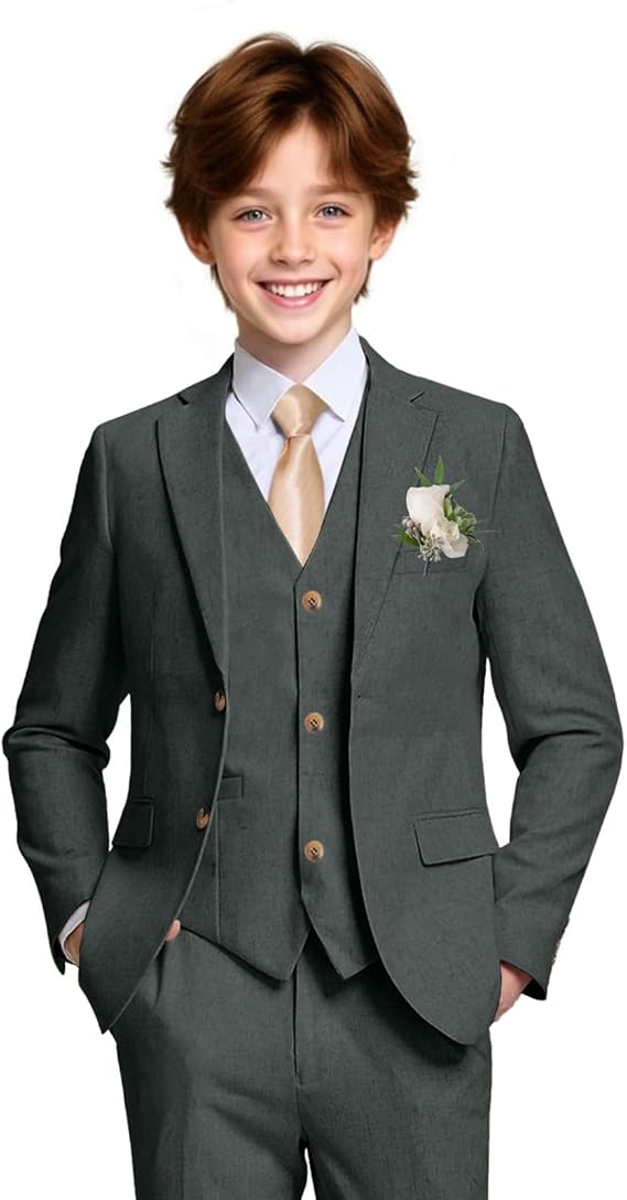 Boys Linen Suit Casual Summer 3 Piece Slim Fit Suit Breathable Kids Teen boy Jacket Vest Pant