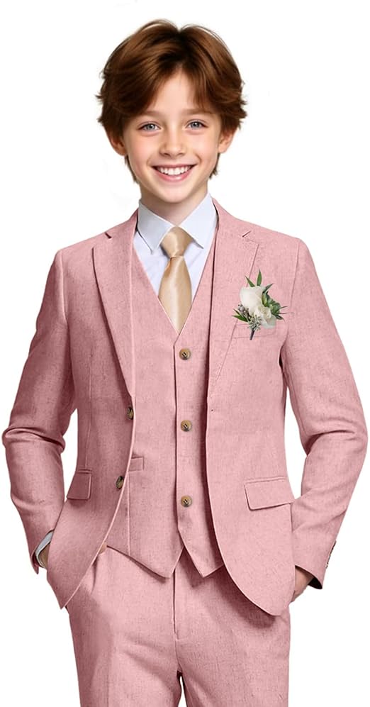 Boys Linen Suit Casual Summer 3 Piece Slim Fit Suit Breathable Kids Teen boy Jacket Vest Pant