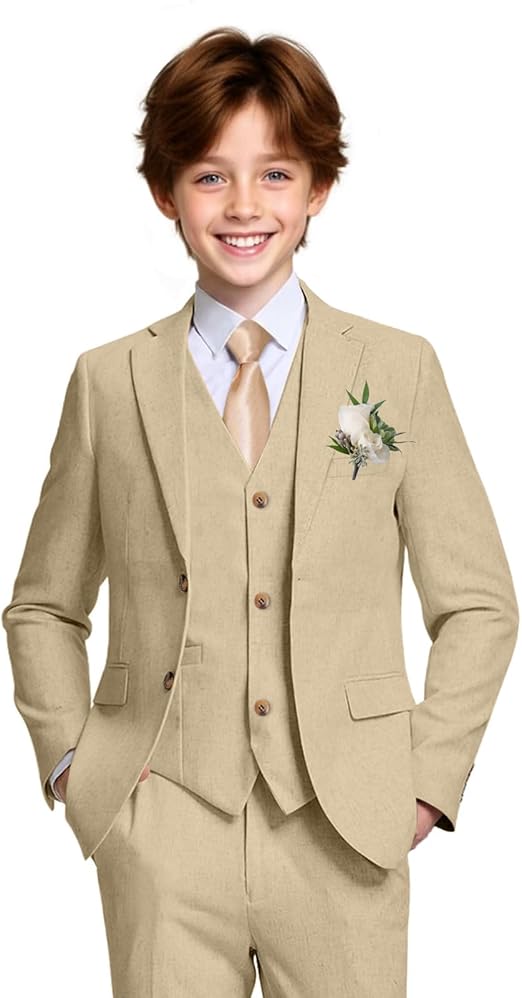 Boys Linen Suit Casual Summer 3 Piece Slim Fit Suit Breathable Kids Teen boy Jacket Vest Pant
