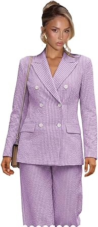 Striped Suits for Women 2 Piece Double Breasted Blazer and Wide Leg Pants Seersucker Summer Wedding Womens Suit