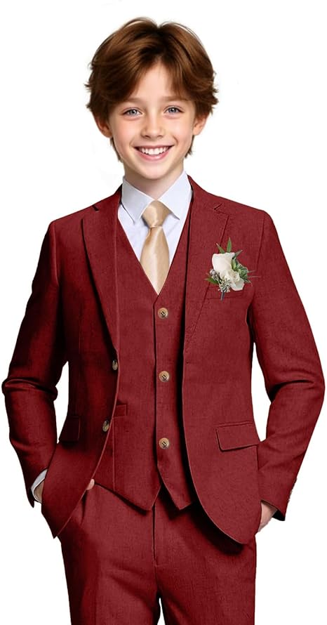 Boys Linen Suit Casual Summer 3 Piece Slim Fit Suit Breathable Kids Teen boy Jacket Vest Pant