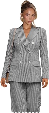 Striped Suits for Women 2 Piece Double Breasted Blazer and Wide Leg Pants Seersucker Summer Wedding Womens Suit