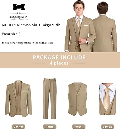 Boys Formal Suit 4 Piece Set Classic Fit Wedding Tuxedo with Jacket Vest Shirt Pants Tie for Kids