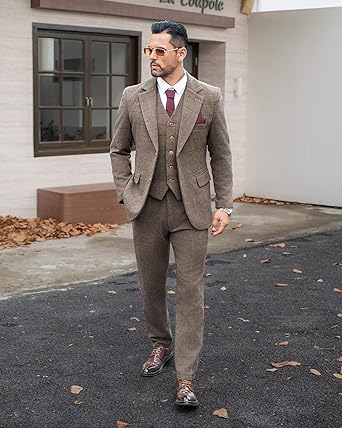 Wemaliyzd Vintage Men's Suit 3 Piece Plaid Tweed Herringbone Suits for Wedding Business Blazer Vest Pants