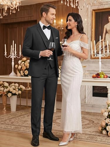 WEEN CHARM Men's 3-Piece Slim Fit Suit Set-2-Button Blazer,Vest & Pants-Formal Wedding,Prom,Party & Business Tuxedo
