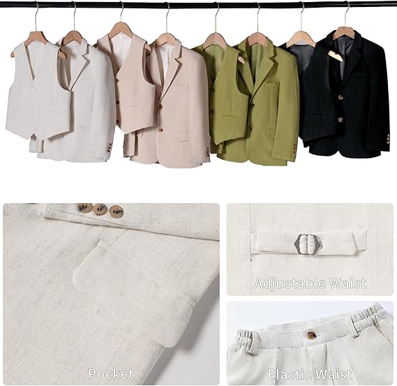 Boys Linen Suit Casual Summer 3 Piece Slim Fit Suit Breathable Kids Teen boy Jacket Vest Pant
